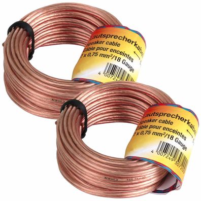 2x 10m Hama Lautsprecher-Kabel 20m 2x 0,75mm² 2-adrig Boxen-Kabel Hifi LS Kabel