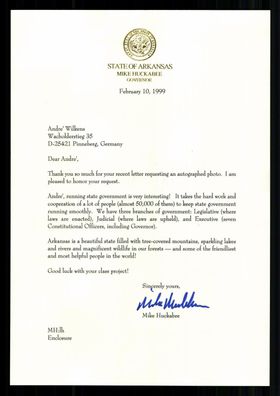 Mike Huckabee Gouverneur von Arkansas 1996-2007 Original Signiert + G 42550