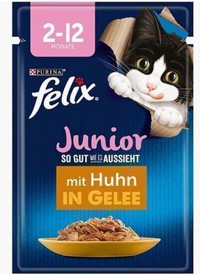 Felix Junior Katzenfutter mit Hühnchen in Gelee, 85g - Hochwertiges Nassfutter