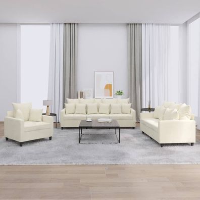 vidaXL 3-tlg. Sofagarnitur mit Kissen Creme Samt