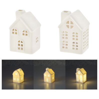 LED Keramik Haus weiß 9 cm - 3er Set - Weihnachten Advent Tisch Deko Aufsteller