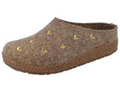 Haflinger Grizzly Cuoricino Damen Hausschuhe Clog Pantoffeln beige Herz Wollfilz