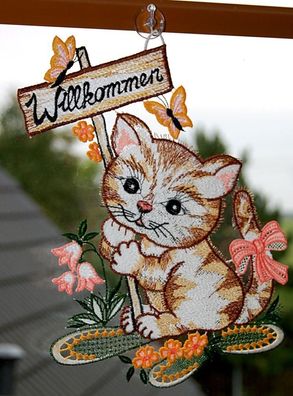 Plauener Spitze Fensterbild Katze Willkommen 29 cm Fensterdekoration Spitzenbild