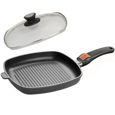 SKK Guss Eck-Grill-Pfanne 28x28 cm Induktion Antihaft Griff abnehmbar mit Deckel