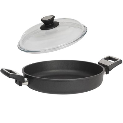 SKK Guss Paella-Pfanne Ø 28 cm Schmorpfanne Bratpfanne Antihaft mit Glas-Deckel