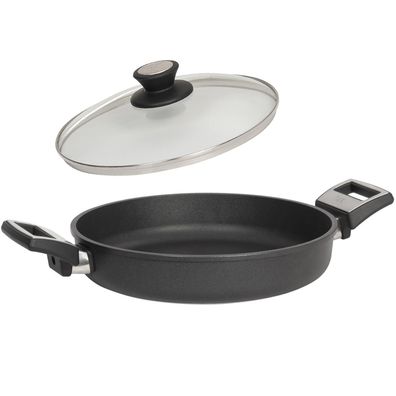 SKK Guss Paella-Pfanne 28 cm Antihaft Bratpfanne Schmorpfanne & Deckel aus Glas