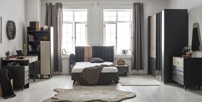 Luxuriöses Graues Schlafzimmer Set Jugendzimmer Kinderzimmer 7Tlg Bett