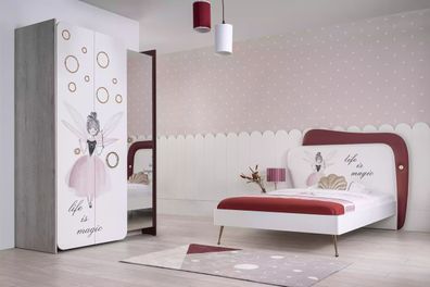 Weiß Rosa Kinderzimmer Set Bett Nachttisch Kleiderschrank Holz 3Tlg