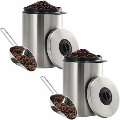 2x Set Kaffeedose Edelstahl + Dosierlöffel für Kaffeebohnen Luftdicht Behälter