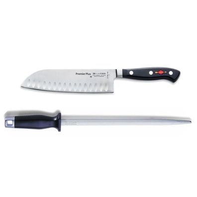 Dick Premier Plus Santoku Messer 18 cm Kullen & runder Standard Wetzstahl 25 cm