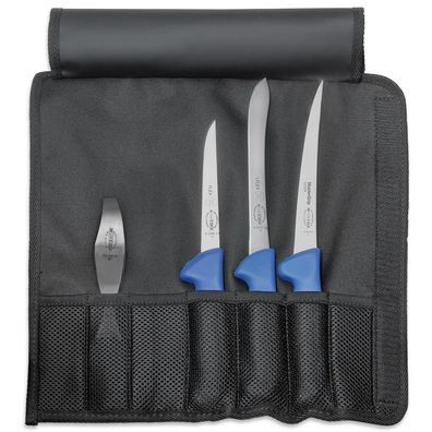 Dick Angler Roll-Messertasche mit gängigen Fischmessern 4-teilig Messerset Griff blau