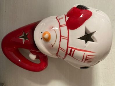 formano Schneemann Deko Figur aus Keramik LED Licht mit roter Zipfelmütze 14cm Winte