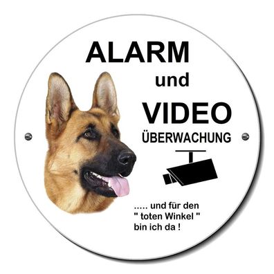 Schäferhund Hund Alu. Alarm Video 120 mm Ø Türschild Warnschild Hundeschild