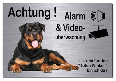 Rottweiler Hund Aluminium Edelstahl Optik 15x10 cm Alarm Video Schild Warnschild