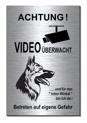 Schäferhund Video Hund Aluminium Edelstahl Optik 15 x 10 cm Schild Warnschild