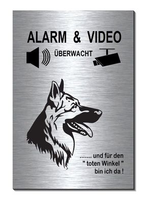 Schäferhund Alarm Video Hund Aluminium Edelstahl Optik 2 Größe Schild Warnschild