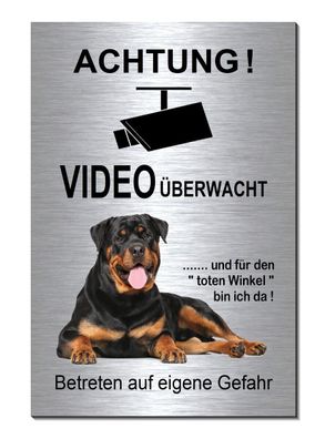 Rottweiler Hund Video 300 x 200 x 3 mm Alu Edelstahl Optik Schild Warnschild TOP