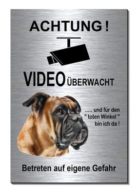 Boxer Hund Aluminium Edelstahl Optik 2 Größen Hunde Video Schild Warnschild