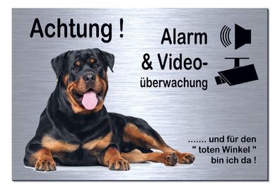 Rottweiler Hund Alarm Video 300x200 x 3 mm Alu Edelstahl Optik Schild Warnschild