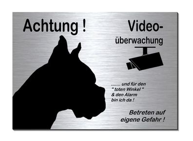 Boxer Hund Video Überwacht 30 x 20 cm Alu Edelstahl Optik Schild Warnschild TOP