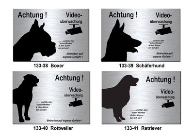 Hunde Hund Video Überwacht 30 x 20 cm Alu Edelstahl Optik Schild Warnschild TOP