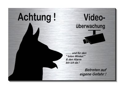 Schäferhund Aluminium Edelstahl Optik 15 x 10 cm Hunde Video Schild Warnschild