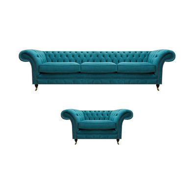 Luxuriöse Blau Sofagarnitur 3 + 1 Sitzer Chesterfield Wohnzimmer Polstermöbel