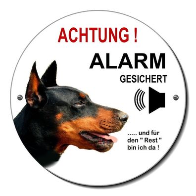 Dobermann Hund Alu. Alarm gesichert 120 mm Ø Türschild Warnschild Hundeschild