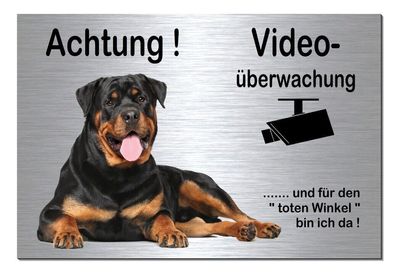 Rottweiler Hund Video 30 x 20 cm Alu Edelstahl Optik Schild Warnschild TOP