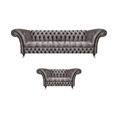 Luxuriöse Grau Möbel Sofas Set 2Tlg Sofagarnitur Wohnzimmer Chesterfield