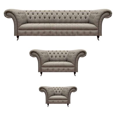 Designer Sofa Set Grau Textil Polster Garnitur 3Tlg Wohnzimmer Chesterfield