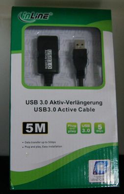 InLine 35650 USB 3.0 Aktiv-Verlängerung 5m, Stecker A an Buchse A, schwarz, neu