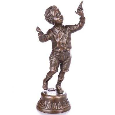 BRONZE Figur Skulptur Junge mit Vogel Marmorsockel spielen DEKO Kind JMA068.2