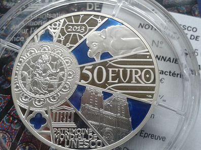 Original 50 euro 2013 PP BE proof Frankreich 5 Unzen Silber Notre Dame de Paris Blau