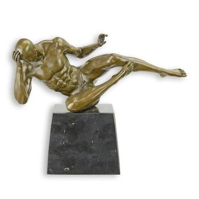 BRONZE Skulptur FIGUR ATHLET AUF Marmorsockel MALE NUDE EROTIK MANN EJA1048