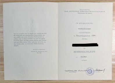 DDR Urkunde Bestenschleife in Silber, Ministerium des Innern mit Stempel, 1964