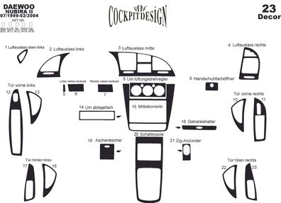 3D Cockpit Dekor für Daewoo Nubira II Baujahr 07/1999-02/2004 23 Teile