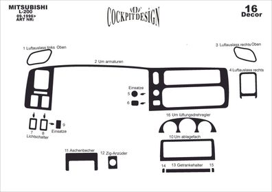 3D Cockpit Dekor für Mitsubishi L 200 Baujahr 09/1996-07/2007 16 Teile