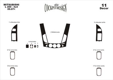 3D Cockpit Dekor für Mitsubishi L 200 4x4 ab Baujahr 08/2007 11 Teile