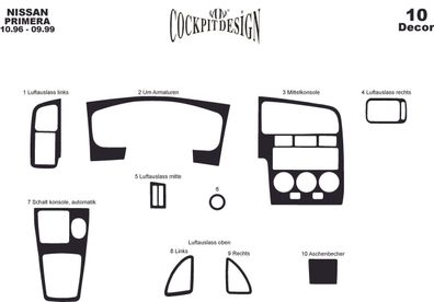3D Cockpit Dekor für Nissan Primera Baujahr 09/1996-09/1999 10 Teile