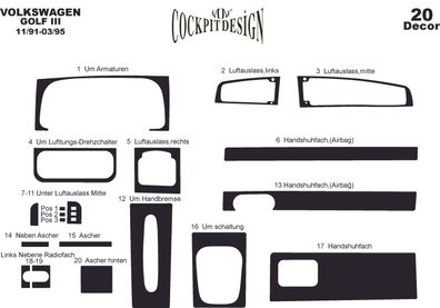 3D Cockpit Dekor für Volkswagen Golf III Baujahr 11/1991-03/1995 20 Teile