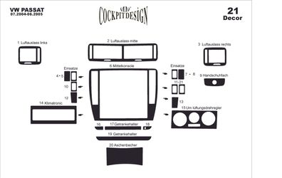 3D Cockpit Dekor für Volkswagen Passat Baujahr 07/2004-06/2005 21 Teile