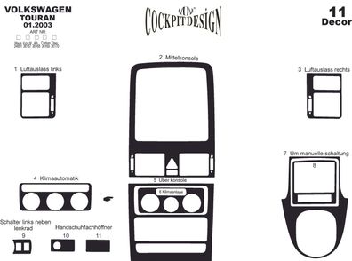 3D Cockpit Dekor für Volkswagen Touran Baujahr 01/2003-12/2009 11 Teile