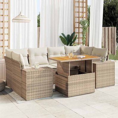 vidaXL 7-tlg. Garten-Sofagarnitur mit Kissen Beige Poly Rattan