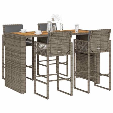 vidaXL 5-tlg. Gartenbar-Set mit Kissen Grau Poly Rattan Akazie