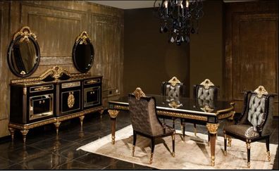 Schwarze Klassische Esszimmergarnitur Esstisch 4X Stühle Vitrine 7Tlg
