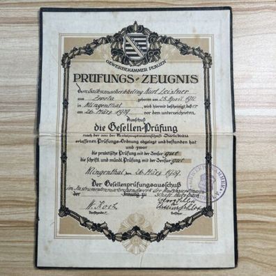 Prüfungszeugnis Saitenmacherlehrling Gewerbekammer Plauen 1929