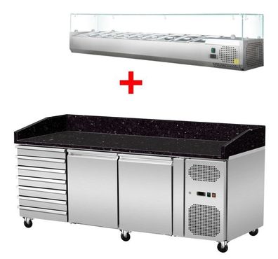 Pizza Kühltisch, Granit Star Galaxy schwarz, 2 Türen 7 ungek. Schubladen, 203 x