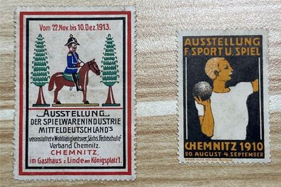 2x Reklamemarke Spielwarenindustrie 1913 / Sport und Spiel Ausstellung Chemnitz