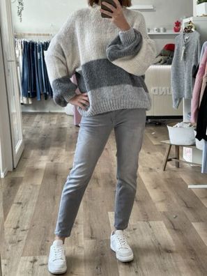 Oversized Strickpulli Pullover Beige Grau gestreift One Size bis 42/44 (A5)